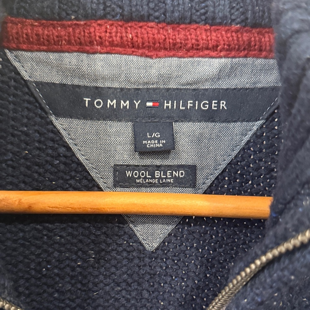 Tommy Hilfiger Wool Blend Navy and Beige Zip Up Pullover Sweater SzL - Picture 4 of 7